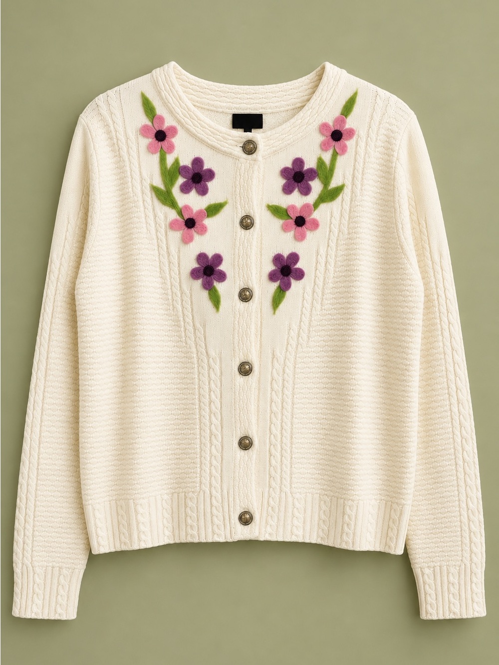 Aaeda Needle Felted Floral Ivory Cable Knit Cardigan Sweater Medium Grandmacore